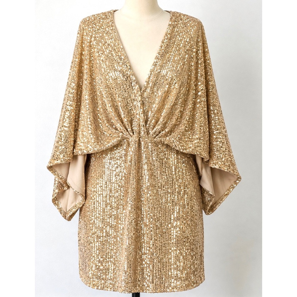 Alexia Admor Gold Sequin Cape Sleeve V-Neck Mini Cocktail Dress XL NWT